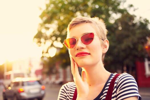 cheerful woman in sunglasses outdoors summer walk fashion photo