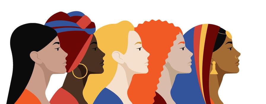 A row of diverse profile portraits of women. Unity, individuality, women union around the world. Each one as a symbol of unique culture. International woman day. vector