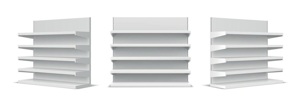 White empty store shelf rack mockup front and perspective view. Realistic supermarket stand, bookcase, shop product exhibition vector set