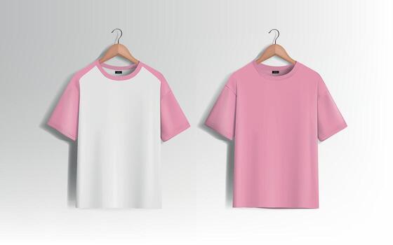 Pink unisex blank t-shirt stylish template sides for design mockup print, isolated. vector