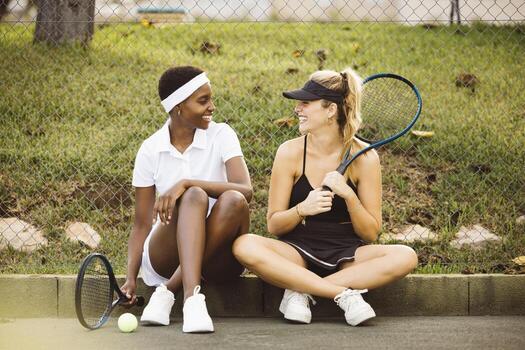 Two women sitting on the ground holding tennis rackets photo