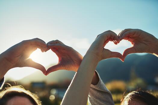 Girl friends, outdoor and heart hands with love, gratitude and care emoji gesture with women in summer. Nature, kindness and friendship with bonding, weekend and holiday together for fun in sun photo