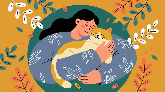Woman cuddling adorable orange cat with affection surrounded by warm autumn leaves and botanical decorative elements illustration vector
